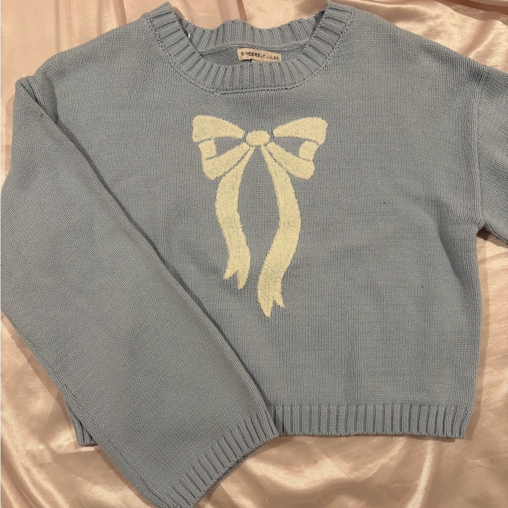 Sincerely Jules Blue and Cream Crew Neck Sweater with Bow Design